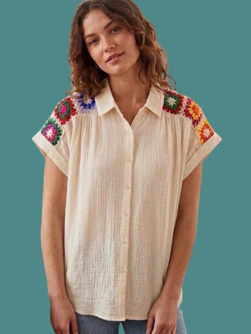 COMO BLACK COLORFUL KNITTED CROCHETED SHORT SLEEVE TOP NEW NWT